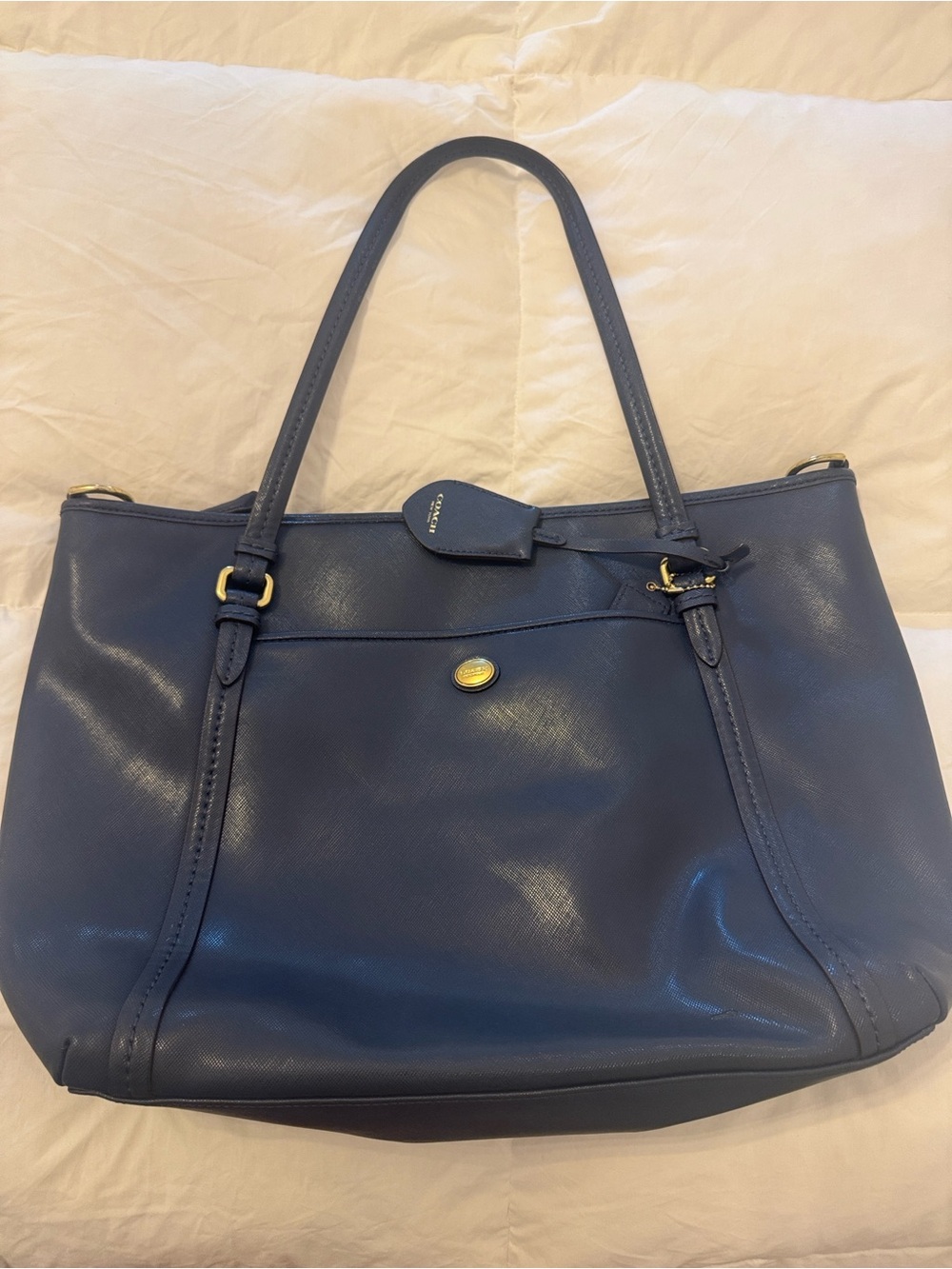 Coach Navy Leather Tote with Gold Hardware
